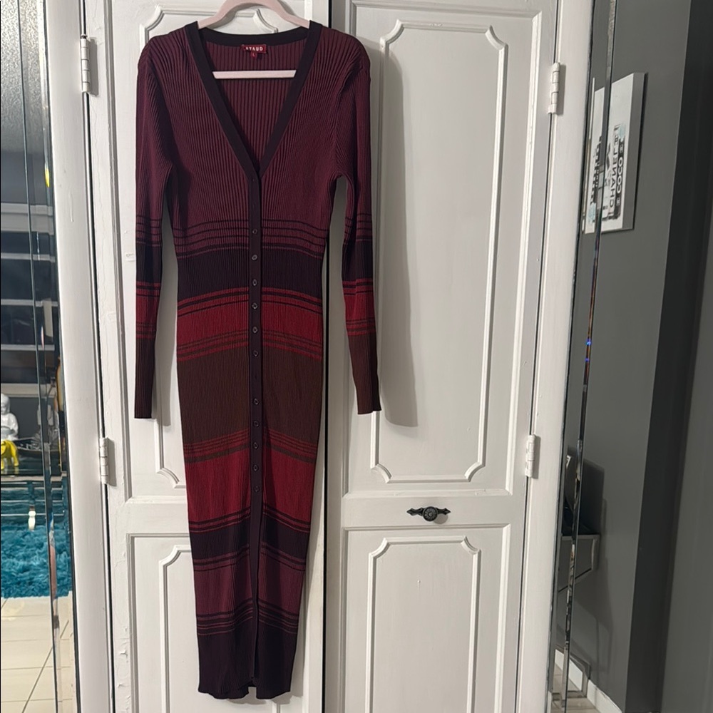 STAUD Red and Black V-Neck Long Sleeve Dress